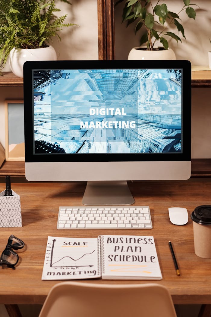 why-choose-us Contemporary office setup featuring digital marketing strategy on a computer screen, ideal for business technology themes.